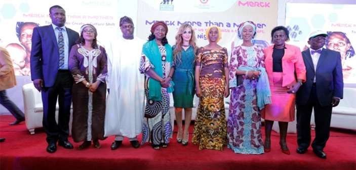 At the Merck More than a Mother event launch in Abuja: Dr. Mohammed Kamal National Coordinator, Future Assured Foundation; Hon. Joyce Lay, Member of Parliament, Kenya; Senator Dr. Lanre Tejuoso, the Chairman Senate Committee on Health, Nigeria; Dr. Rasha Kelej (centre), Chief Social Officer, Merck; HE Dolapo Osinbajo, Wife of Vice President of Nigeria; Dr. Toyin Saraki, Wife of Senate President, Nigeria; Hon. Sarah Opendi, Minister of State of Health, Uganda; and Prof. Isaac Adewole, Hon. Federal Minister of Health, Nigeria